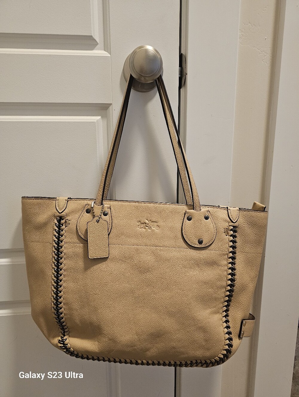Coach Tatum Biege Leather Whipstitch Tote Bag